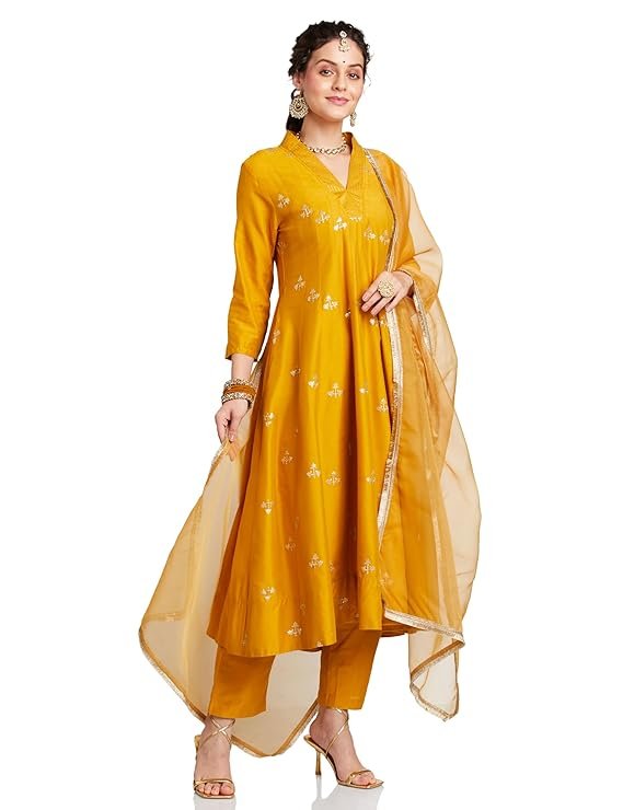 Amazon Brand - Myx Women's Embroidered Anarkali Kurta Set with Organza Dupatta | Latest Design | Available in Plus Sizes